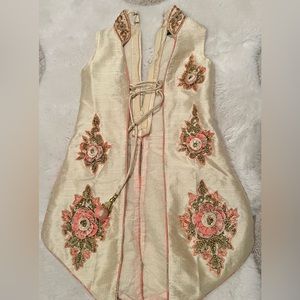 Hand embroidered taffeta silk vest in cream and peach for little girls